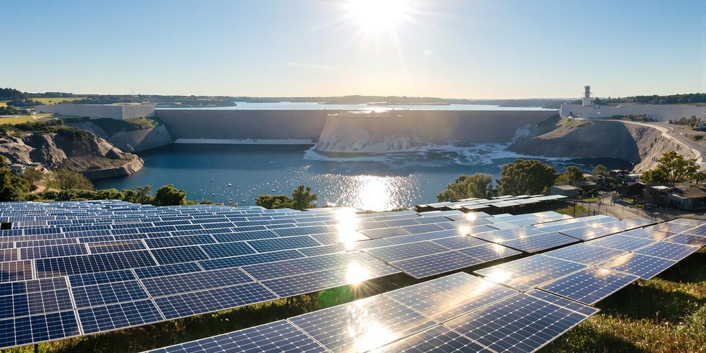 Barrage avec soleil, panneaux solaires, et logo Engie.
