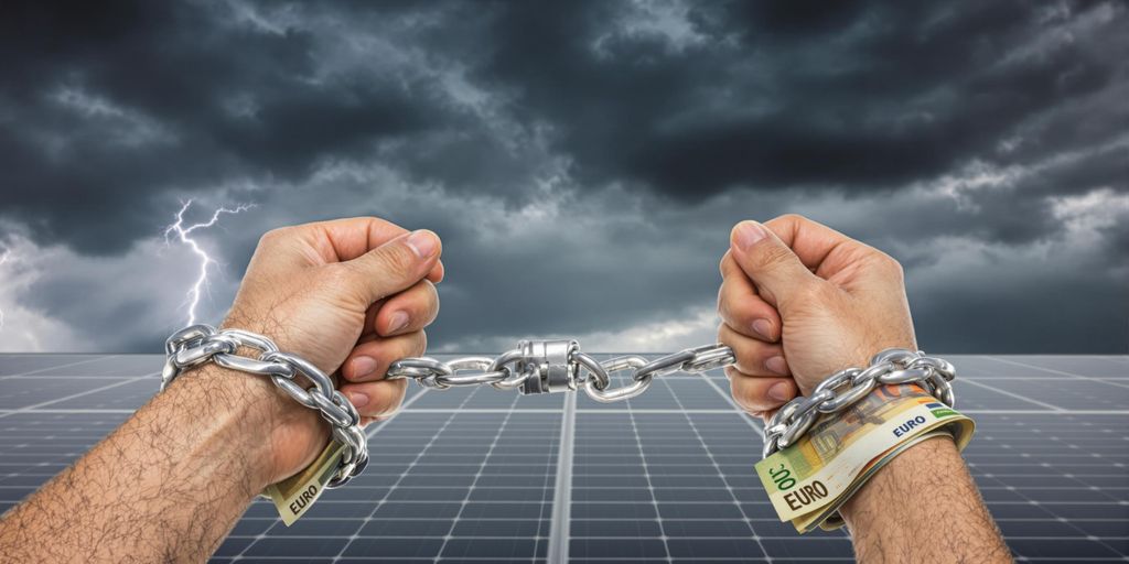 France Solar condamné Panneaux solaires et euros enchaînés, ciel orageux.