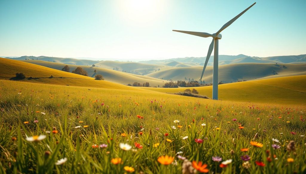 A vibrant, photorealistic image of "green electricity" in a serene, natural setting. In the foreground, a sleek, modern wind turbine spins gracefully, its blades catching the warm sunlight. In the middle ground, a lush, verdant meadow dotted with colorful wildflowers sways gently in the breeze. In the background, rolling hills and a clear, azure sky create a tranquil, idyllic landscape. The scene conveys a sense of clean, renewable energy in harmony with the natural world, captured through a wide-angle lens with soft, diffused lighting and a shallow depth of field.