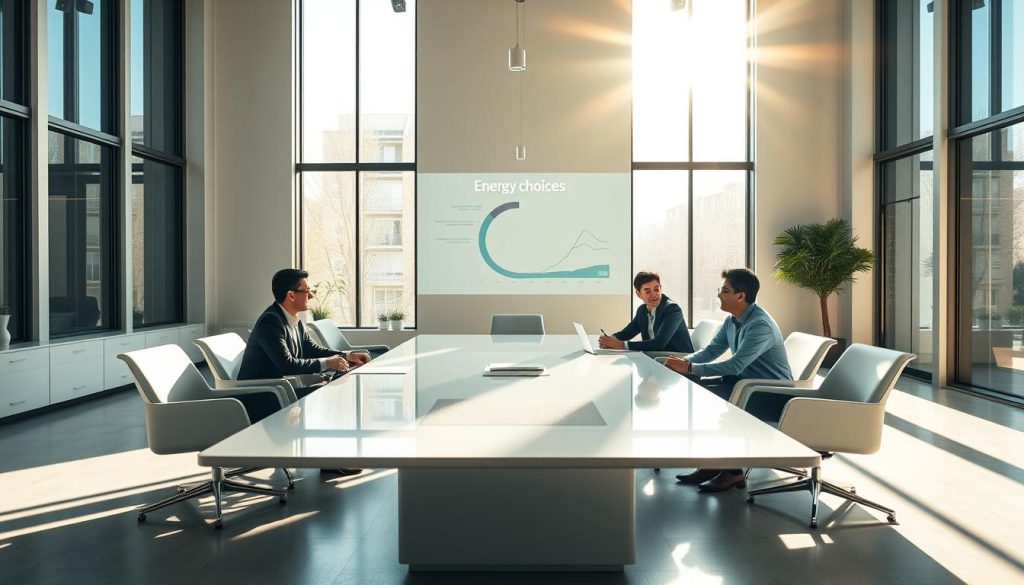 A well-lit, modern office interior with a large, stylish conference table as the focal point. Sunlight streams in through floor-to-ceiling windows, casting a warm glow across the sleek, minimalist furniture and decor. Seated around the table are several business executives in professional attire, engaged in a serious discussion, their expressions conveying careful consideration. Subtle infographics and data visualizations are projected onto the wall behind them, providing context for their "energy choices" conversation. The overall atmosphere is one of thoughtful decision-making, with a sense of importance and gravity surrounding the topic at hand.