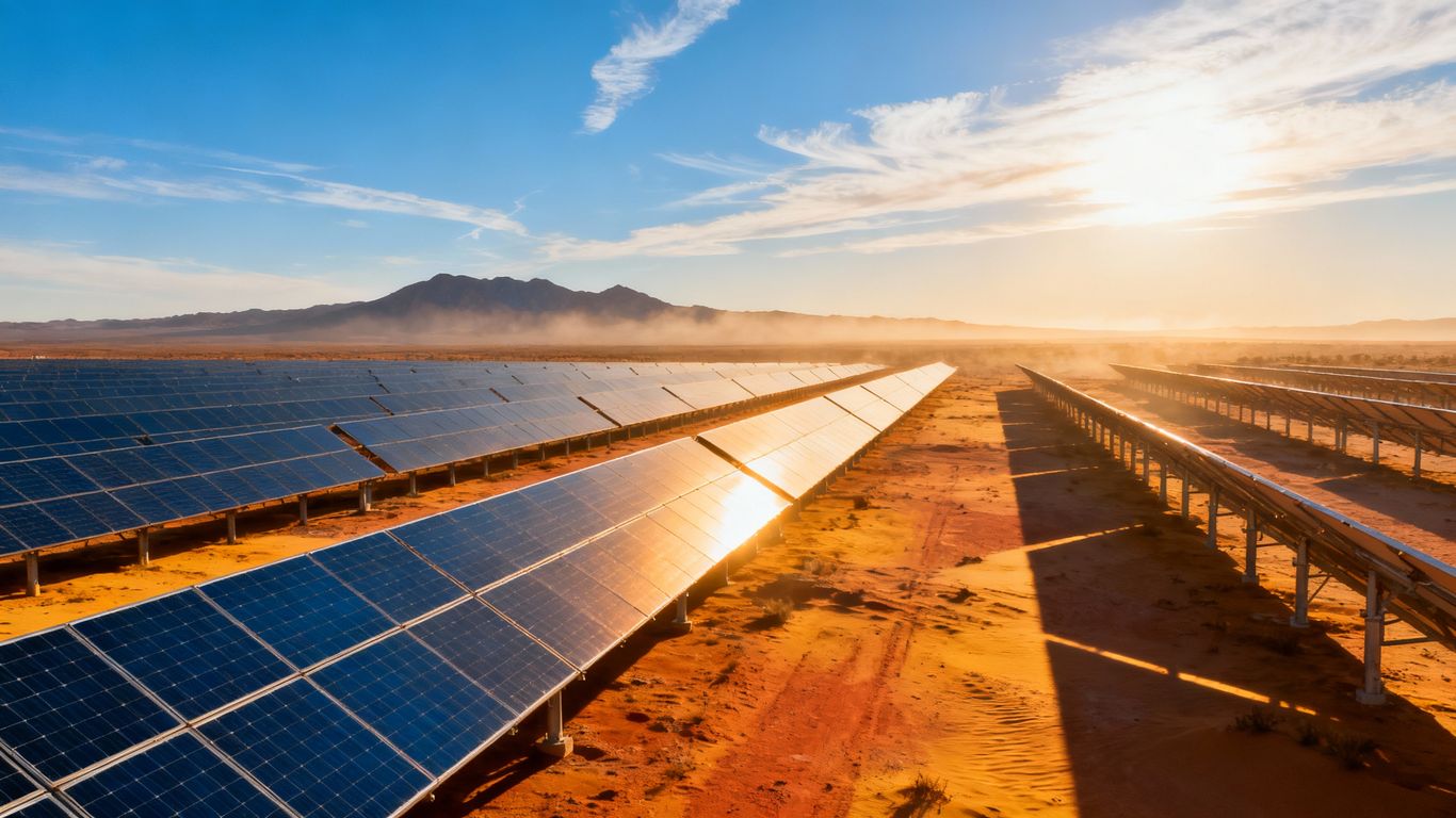 Panneaux solaires dans un désert sous un ciel bleu.