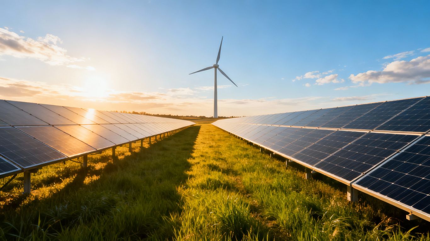 Panneaux solaires et éolienne dans un champ verdoyant.
