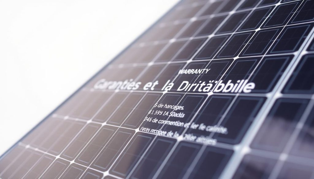 A close-up shot of solar panels with a focus on the warranty and durability details. The panels are placed against a clean, minimalist background, allowing the key information to take center stage. The lighting is soft and even, highlighting the sleek, modern design of the panels. The angle is slightly elevated, giving a sense of authority and professionalism to the image. The overall mood is one of trust, reliability, and a commitment to long-term performance, reflecting the "Garanties et la Durabilité" section of the article.