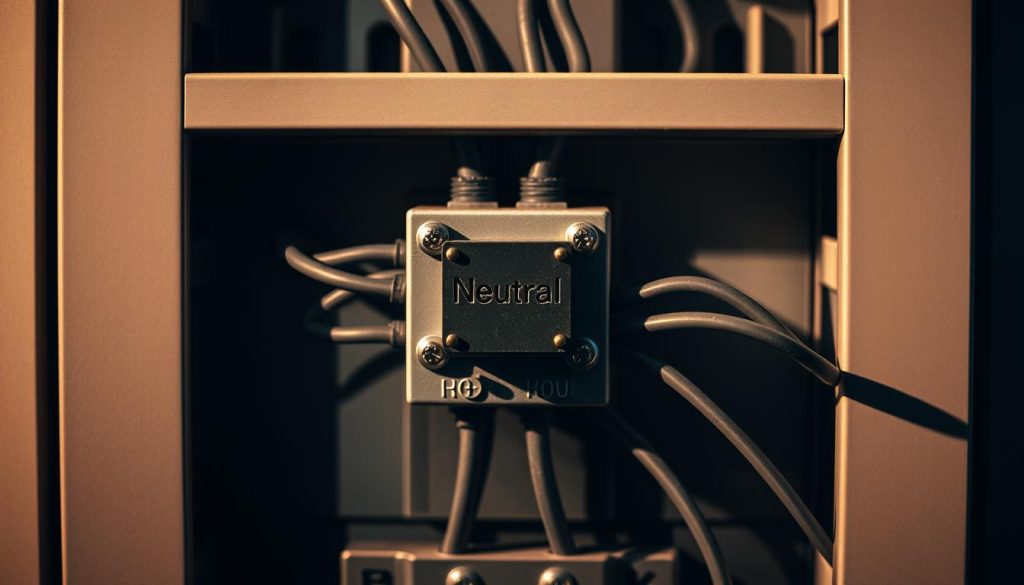 A close-up view of a power distribution panel, showcasing the role of the neutral wire. The panel's sleek, metallic frame is bathed in warm, directional lighting, casting dramatic shadows. The neutral terminal, prominently displayed, is surrounded by the intricate wiring system, conveying the critical function it serves in a safe and stable electrical circuit. The composition emphasizes the neutral's central position, underscoring its importance in maintaining proper phase balance and preventing potential hazards. The overall scene radiates a sense of technical precision and electrical engineering expertise.
