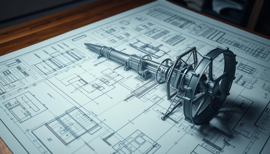 A highly detailed, technical blueprint of a wind turbine, showcasing its internal components and structure. The plans are laid out on a drafting table, with precise measurements, schematics, and engineering diagrams. The lighting is soft and diffused, creating a technical, professional atmosphere. The angle is a three-quarter view, allowing for a clear, comprehensive understanding of the wind turbine's design. The blueprint is rendered in muted tones of gray, blue, and black, emphasizing the technical nature of the subject matter. The overall mood is one of thoughtful, meticulous planning, reflecting the "Étape 2 : Préparer les plans de votre éolienne" section of the article.