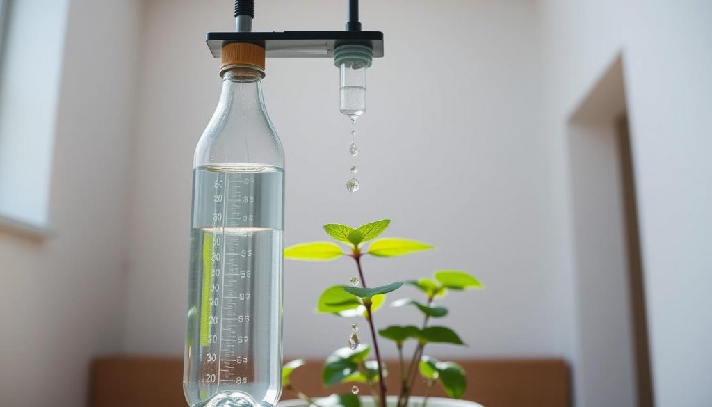 A neatly arranged scene showcasing the optimization of bottle watering in an inverted position. In the foreground, a glass bottle filled with water stands upside down, its flow carefully calibrated by a simple yet ingenious device. The middle ground reveals a lush, thriving plant directly receiving the measured drips, its leaves glistening with hydration. The background features a minimalist, clean-lined interior with natural lighting filtering in, setting an atmosphere of efficiency and tranquility. The scene is captured with a crisp, high-resolution lens, accentuating the pragmatic elegance of this innovative watering technique.