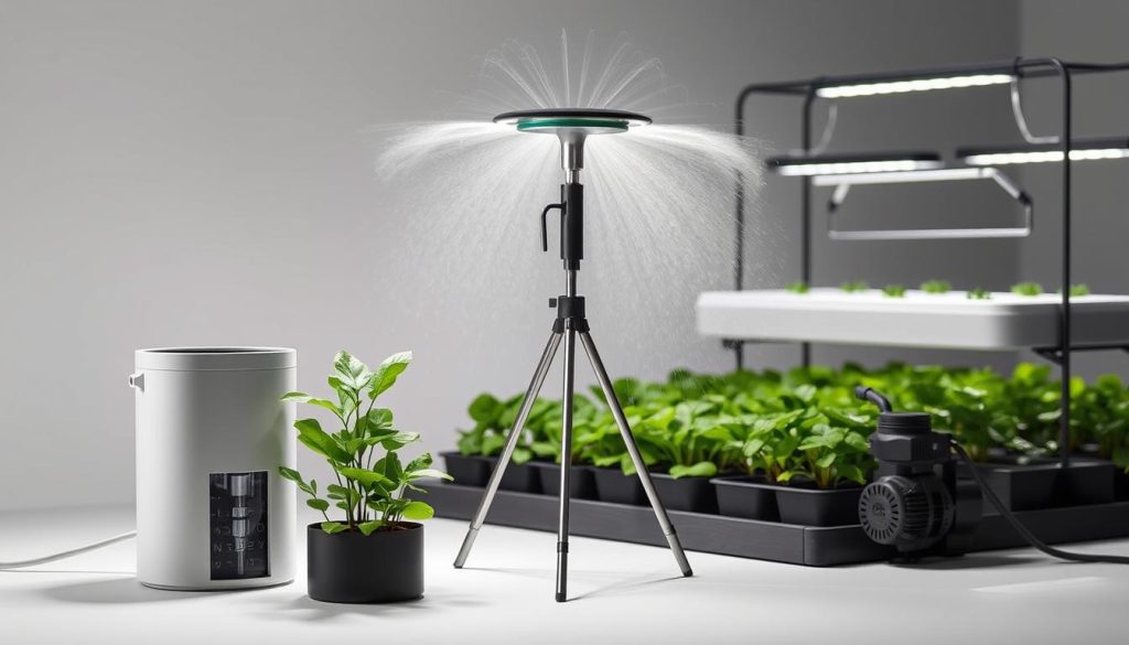 A sleek, minimalist scene showcasing various automatic watering methods. In the foreground, a modern self-watering planter with a hidden reservoir and drip system. In the middle ground, a rotating sprinkler head mounted on a sturdy tripod, misting a lush garden bed. In the background, a hydroponic setup with LED grow lights and a recirculating water pump. The lighting is soft and even, accentuating the clean lines and mechanical precision of the devices. The overall mood is one of efficiency and technological innovation, perfect for illustrating the "Other Automatic Watering Methods" section of the article.