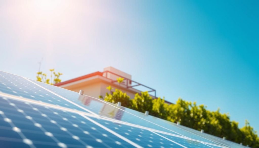 A sleek, modern solar photovoltaic installation set against a clear blue sky. In the foreground, crystalline solar panels glisten in the warm sunlight, their efficient design and minimalist aesthetics showcased. In the middle ground, a sturdy, well-engineered mounting system securely holds the panels in place, blending seamlessly with the rooftop architecture. The background features lush greenery, casting a tranquil, eco-friendly ambiance. The overall scene conveys a sense of clean, renewable energy powering a sustainable future, captured through a crisp, high-resolution lens with a shallow depth of field to emphasize the technical details.