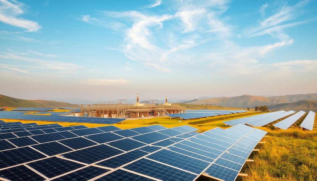 A sleek, modern solar power plant nestled in a lush, rolling countryside. In the foreground, rows of gleaming, black solar panels stretch out, their surfaces catching the warm, golden sunlight. The middle ground features a network of interconnected structures - inverters, transformers, and control stations - all working in harmony to convert the sun's energy into usable electricity. In the background, a hazy blue sky dotted with wispy clouds creates a calming, serene atmosphere. The scene exudes a sense of clean, renewable energy and a harmonious integration of technology and nature.