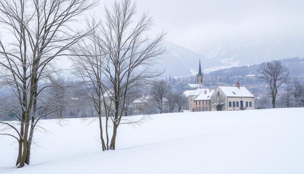 A snow-covered landscape in the heart of France, the city of Aurillac is captured in a serene winter scene. In the foreground, bare trees stand as sentinels, their delicate branches casting intricate shadows on the pristine white blanket below. The middle ground reveals quaint, frost-kissed buildings, their rooftops dusted with a layer of powdery snow. In the distance, the majestic Cantal mountains rise, their peaks shrouded in a misty, icy haze, conveying the biting chill of this renowned coldest city in France. The scene is bathed in a soft, diffused light, creating a mood of tranquility and isolation, perfectly capturing the essence of Aurillac's reputation for bone-chilling temperatures.