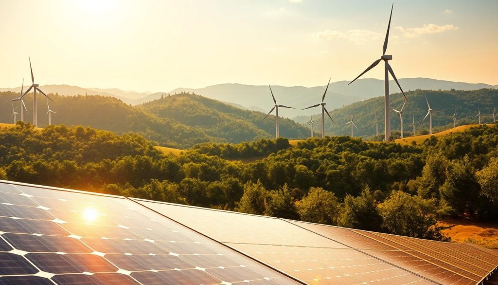 A vibrant landscape depicting the harmonious integration of renewable energy sources. In the foreground, solar panels glisten under a warm, golden light, harnessing the sun's boundless power. In the middle ground, towering wind turbines gracefully slice through the air, their blades spinning with a gentle, rhythmic motion. In the background, rolling hills are dotted with verdant forests, a testament to the sustainable coexistence of nature and technology. The scene exudes a sense of balance and environmental consciousness, inviting the viewer to contemplate the possibilities of a future powered by clean, renewable energy.