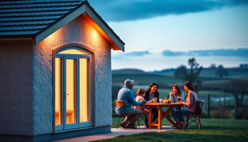 A cozy, well-insulated home stands in the foreground, its walls and roof bathed in warm, diffused lighting that accentuates the seamless integration of thermal insulation materials. In the middle ground, a family gathers around a table, their expressions serene and content, reflecting the comfort and energy efficiency of their living space. The background features a tranquil, pastoral scene with rolling hills and a distant treeline, conveying a sense of environmental harmony. The overall mood is one of domestic bliss, highlighting the ideal conditions for eligibility under the "isolation 1€" program.