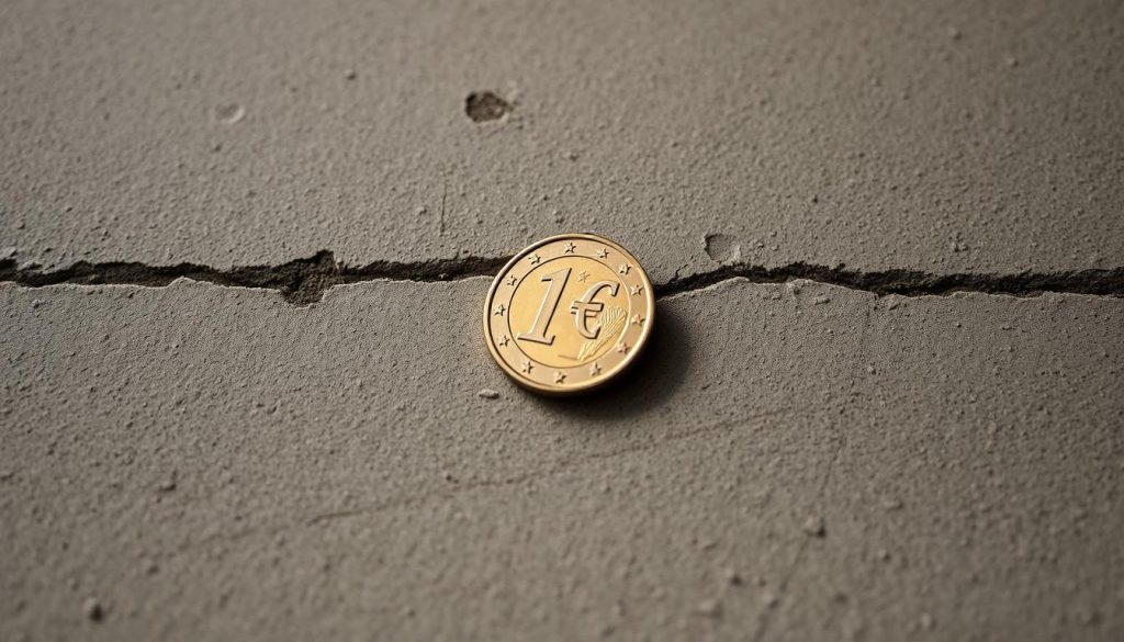 A solitary euro coin sits atop a weathered concrete surface, casting a soft shadow in the diffused lighting. The coin appears worn, reflecting the passage of time and the challenges of the isolation it represents. The background is a muted, neutral palette, allowing the coin to take center stage and symbolize the elusive and diminishing nature of the "1€ isolation" program. The composition is balanced, with the coin positioned slightly off-center to create a sense of contemplation and introspection. The overall mood is one of quiet contemplation, hinting at the uncertain future of this financial assistance program.
