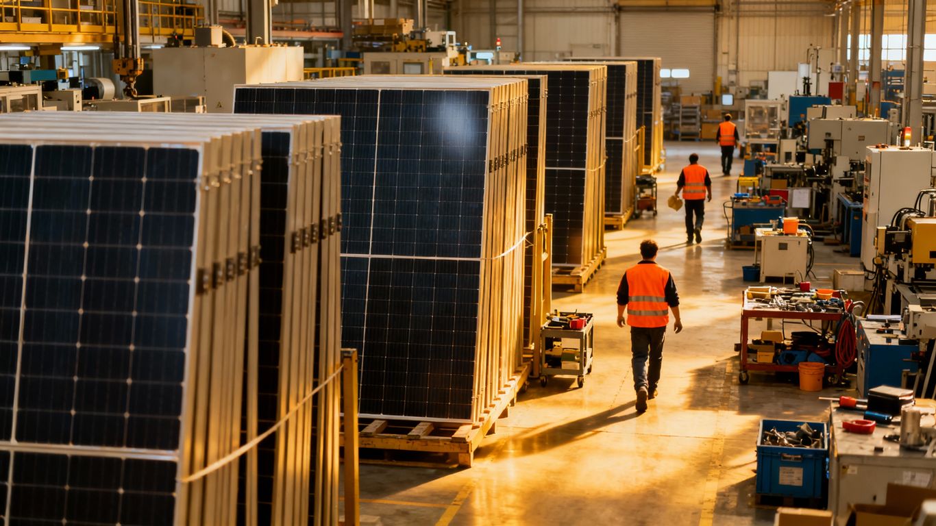 Panneaux solaires empilés dans une usine.