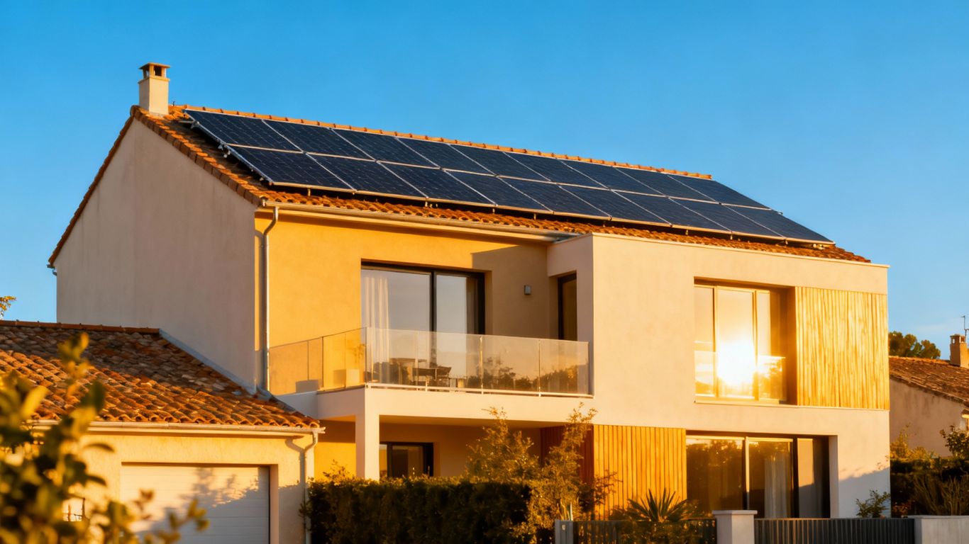 Panneaux solaires sur un toit de maison en France.