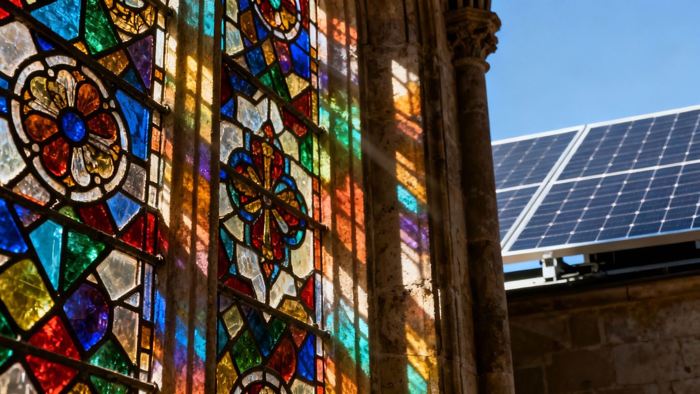 Vitraux médiévaux et panneau solaire moderne.