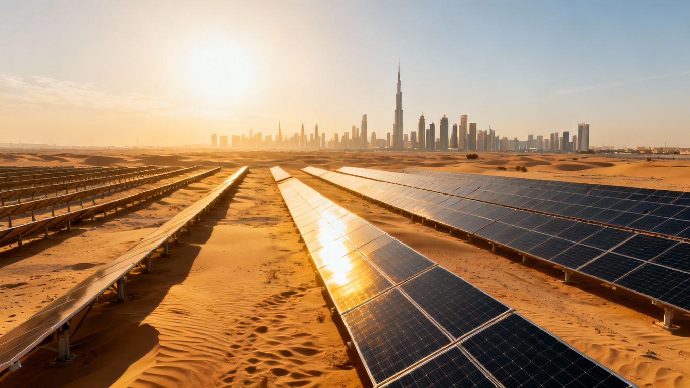 Panneaux solaires à Dubaï avec des gratte-ciel en arrière-plan.