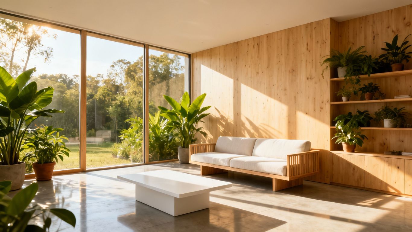 Intérieur lumineux d'une maison solaire moderne et écologique.