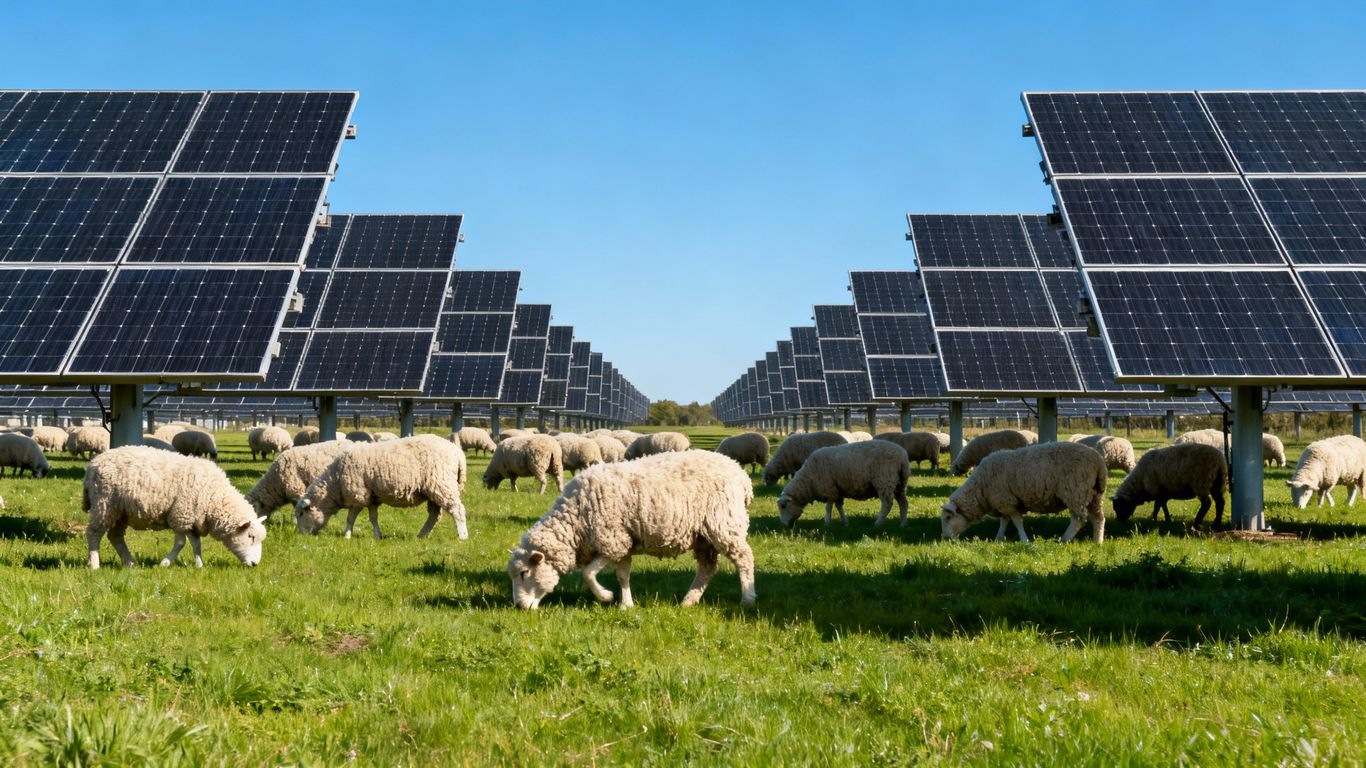 Moutons broutant près de panneaux solaires.