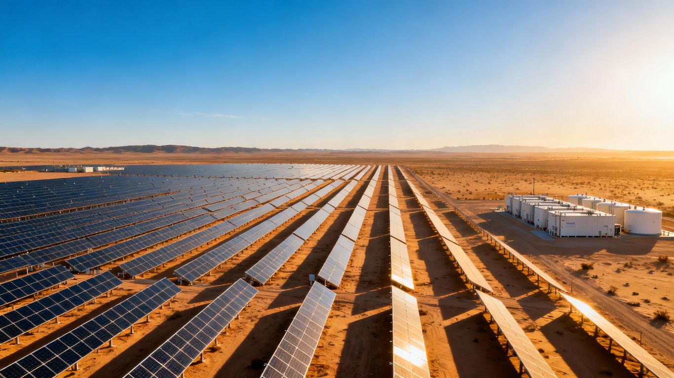 Centrale solaire avec batteries dans le désert.